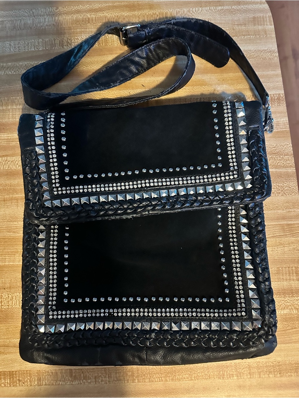 Lionel Large Black Message Bag With Rhinestone Studs